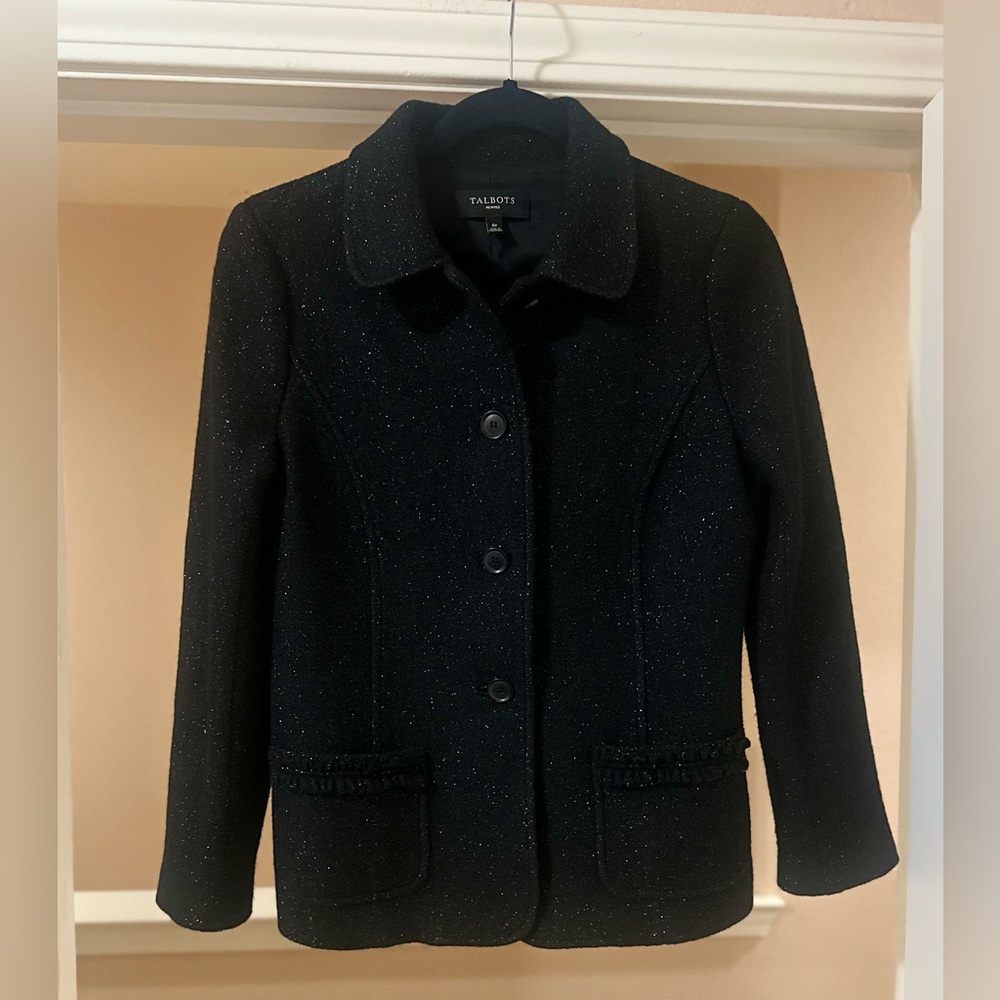 NWOT Women’s Talbots Wool Blend Jacket Blazer Sparkle Black Silver Party 6P.